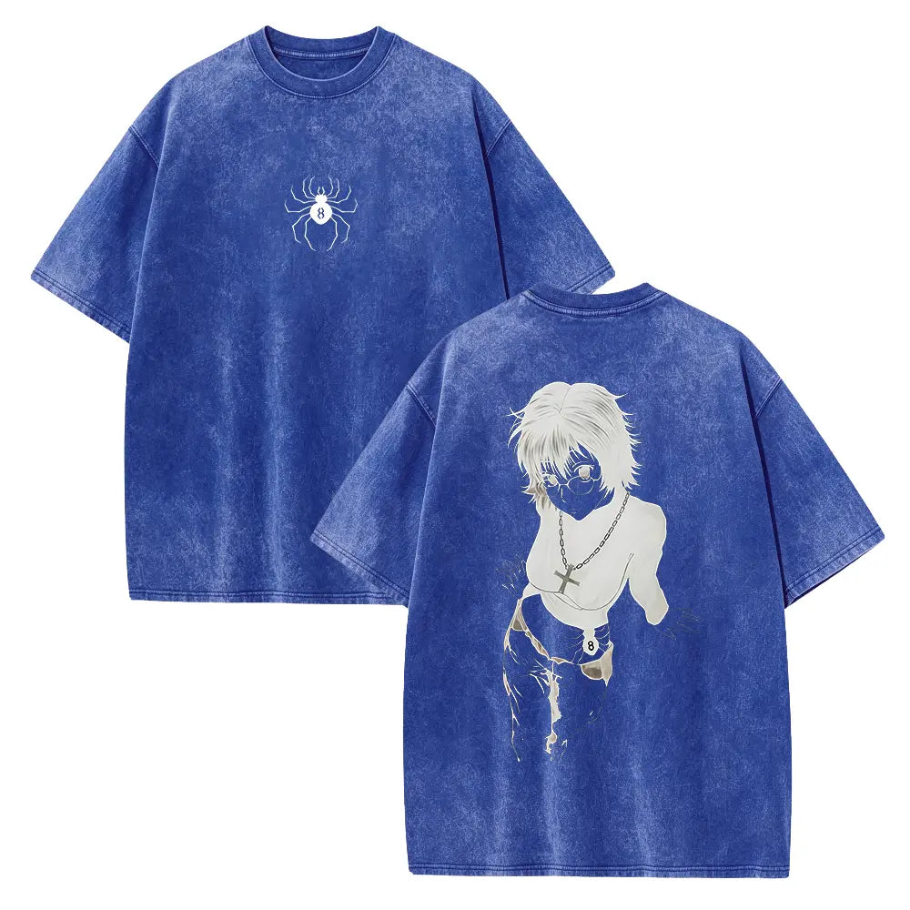 Men's Hunter X Hunter Shizuku Graphic T-Shirt - 100% Heavyweight Cotton, Vintage Washed, Ribbed Elastic Knit, Short-Sleeve, Loose Baggy Fit, Casual Anime Merchandise, Round Neck Graphic Shirt, Size L