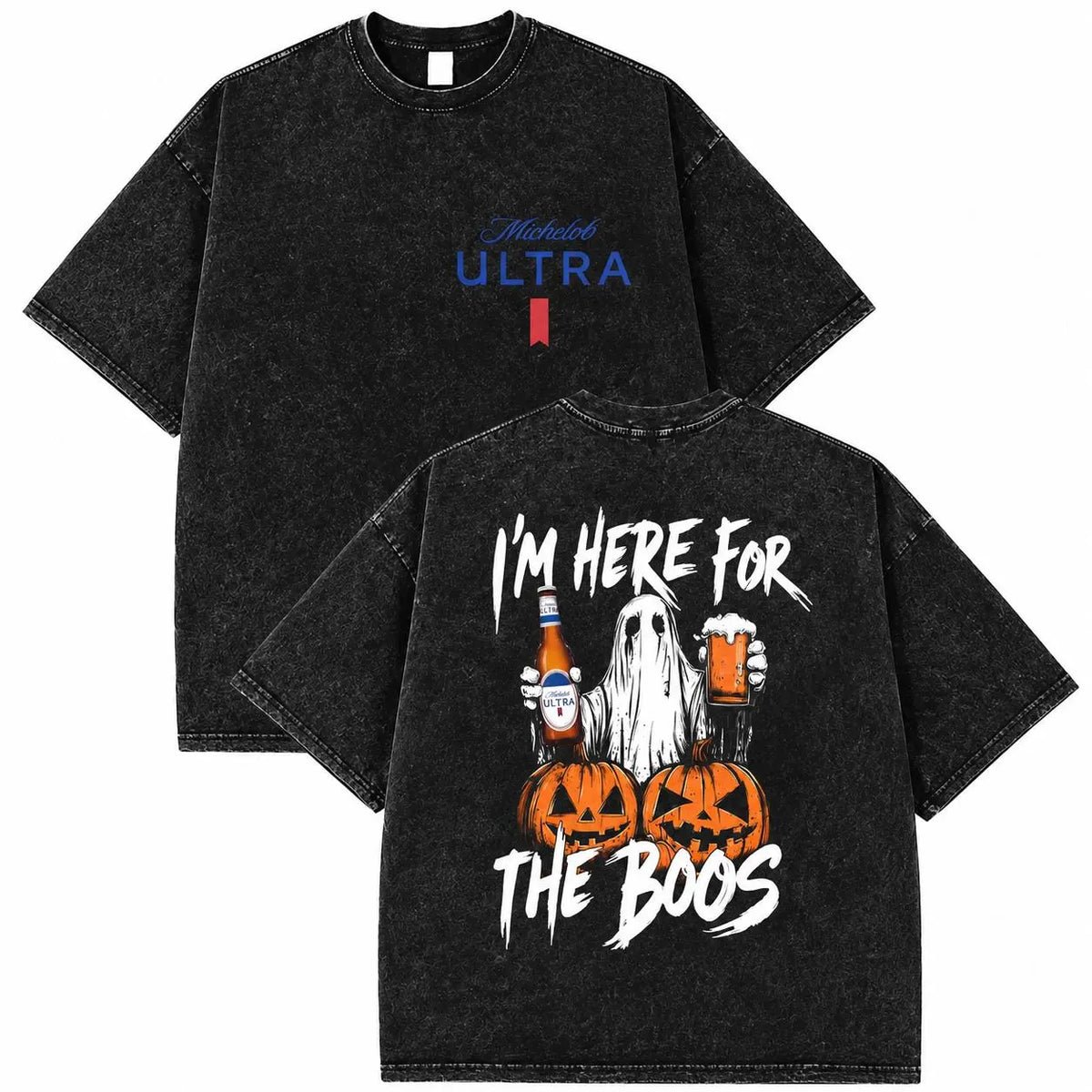Men's 230gsm Heavyweight Pure Cotton Casual Streetwear Graphic Tee - Vintage Washed Ghost Double-Print Short-Sleeve Round Neck, Unisex Halloween Top, Black Men's Graphic Tees
