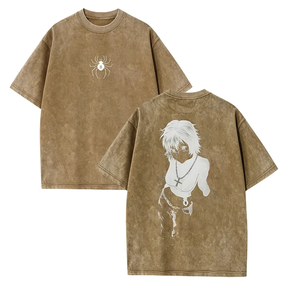 Men's Hunter X Hunter Shizuku Graphic T-Shirt - 100% Heavyweight Cotton, Vintage Washed, Ribbed Elastic Knit, Short-Sleeve, Loose Baggy Fit, Casual Anime Merchandise, Round Neck Graphic Shirt, Size L