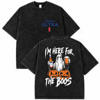 Men's 230gsm Heavyweight Pure Cotton Casual Streetwear Graphic Tee - Vintage Washed Ghost Double-Print Short-Sleeve Round Neck, Unisex Halloween Top, Black Men's Graphic Tees