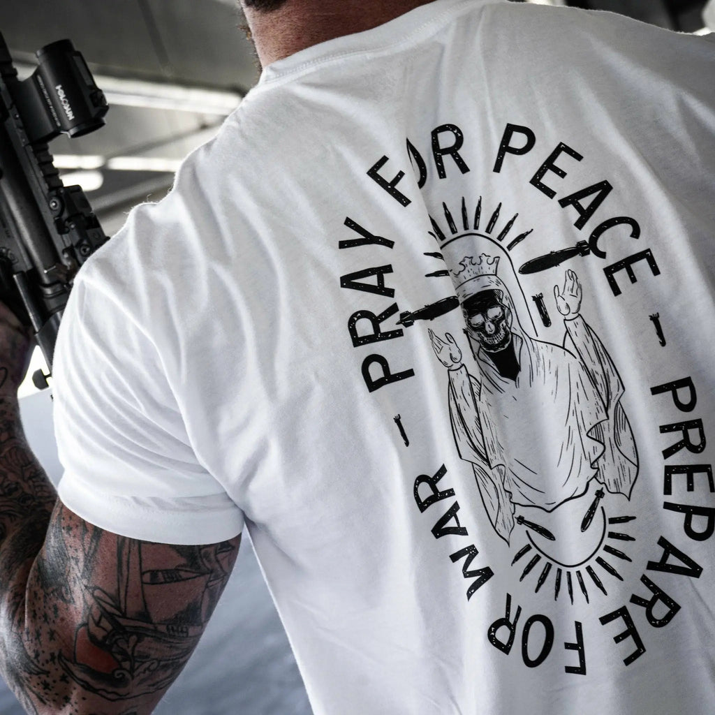 COMBAT IRON Men's Soft Cotton Graphic T-Shirt - Short-Sleeve, Round Neck, Tapered Athletic Menswear Top with "Pray For Peace. Prepare For War." Print, Comfortable Fabric