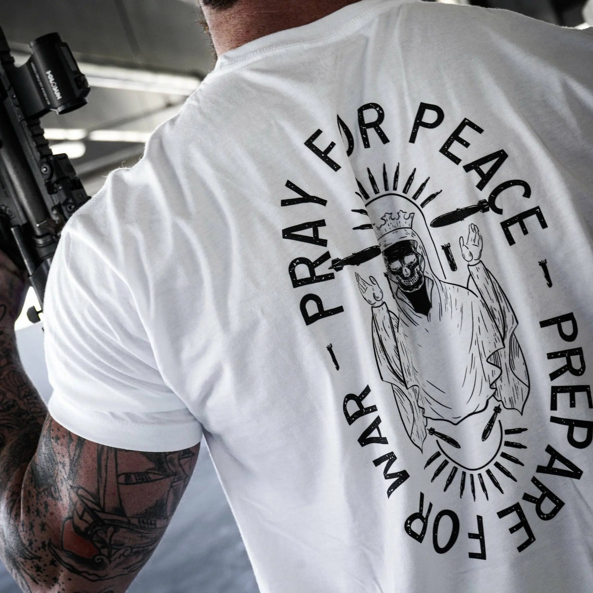 COMBAT IRON Men's Soft Cotton Graphic T-Shirt - Short-Sleeve, Round Neck, Tapered Athletic Menswear Top with "Pray For Peace. Prepare For War." Print, Comfortable Fabric