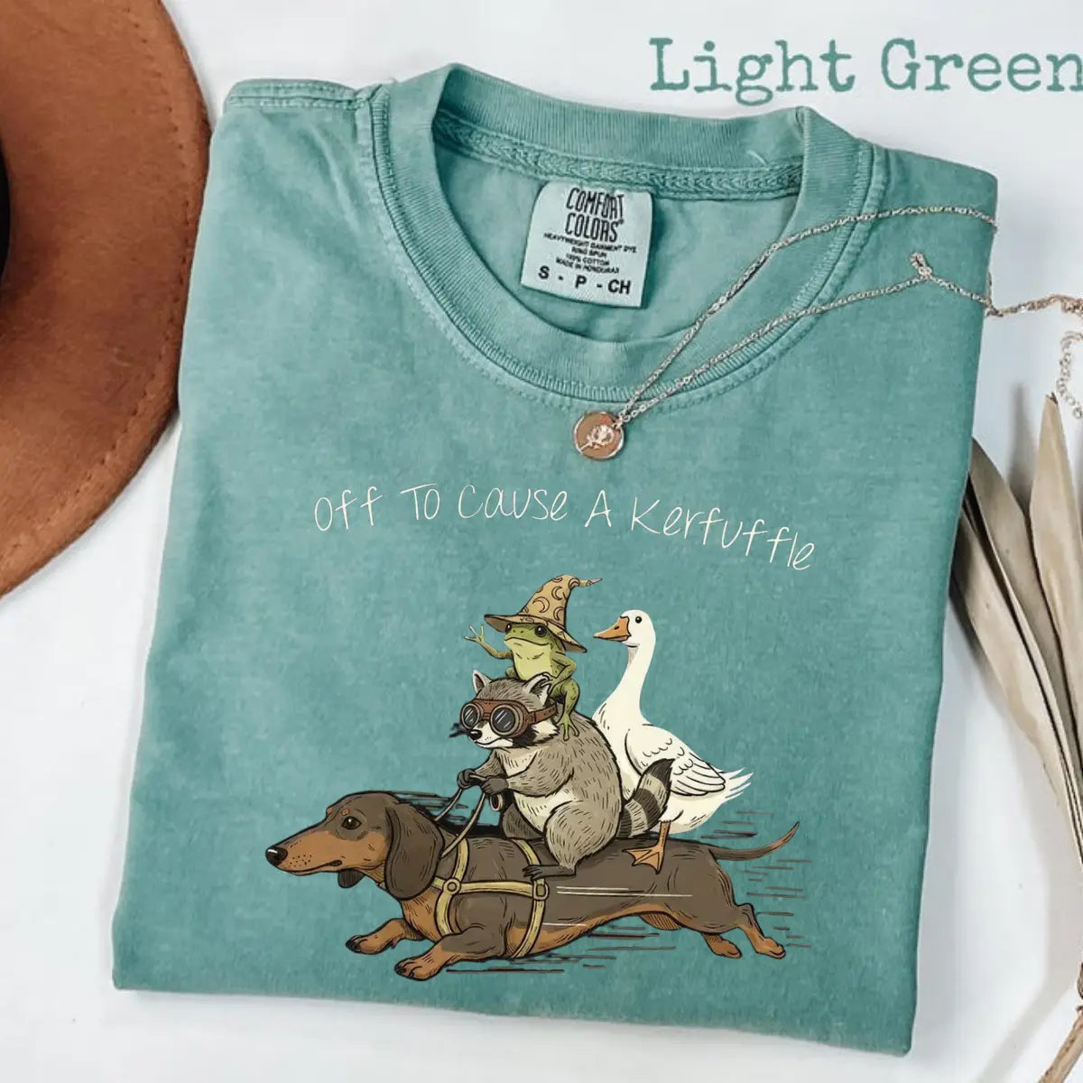 Comfort Colors Off To Cause A Kerfuffle T-Shirt, Funny Dachshund, Frog Meme, Raccoon Tee, Silly Goose, Short Sleeve Unisex T-Shirt