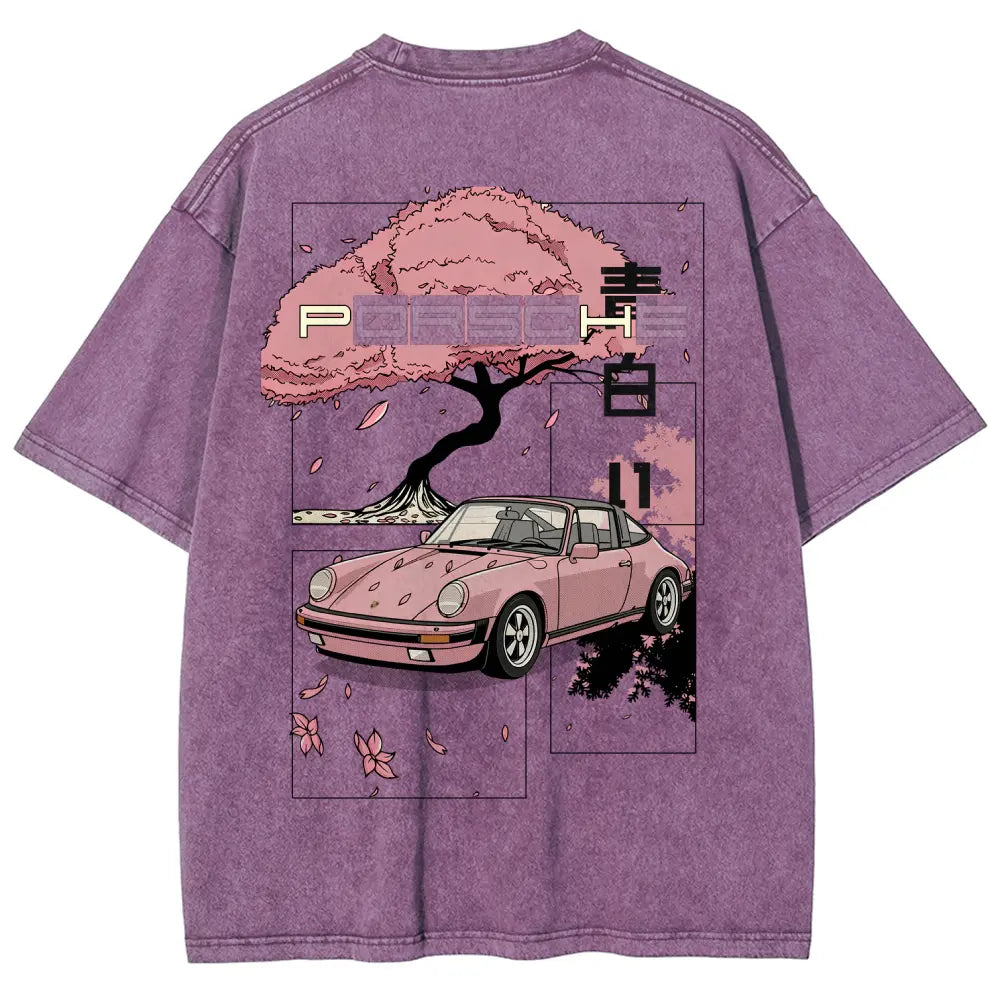 Cherry Blossom Japanese Aesthetic Classic Sports Car Vintage Washed Tee 90s Men's Graphic Tee t Shirts Funny Graphic Tee Good Graphic Tees Graphic Tees Streetwear Outfits Men Vacation Outfits Oversized Tshirt Men