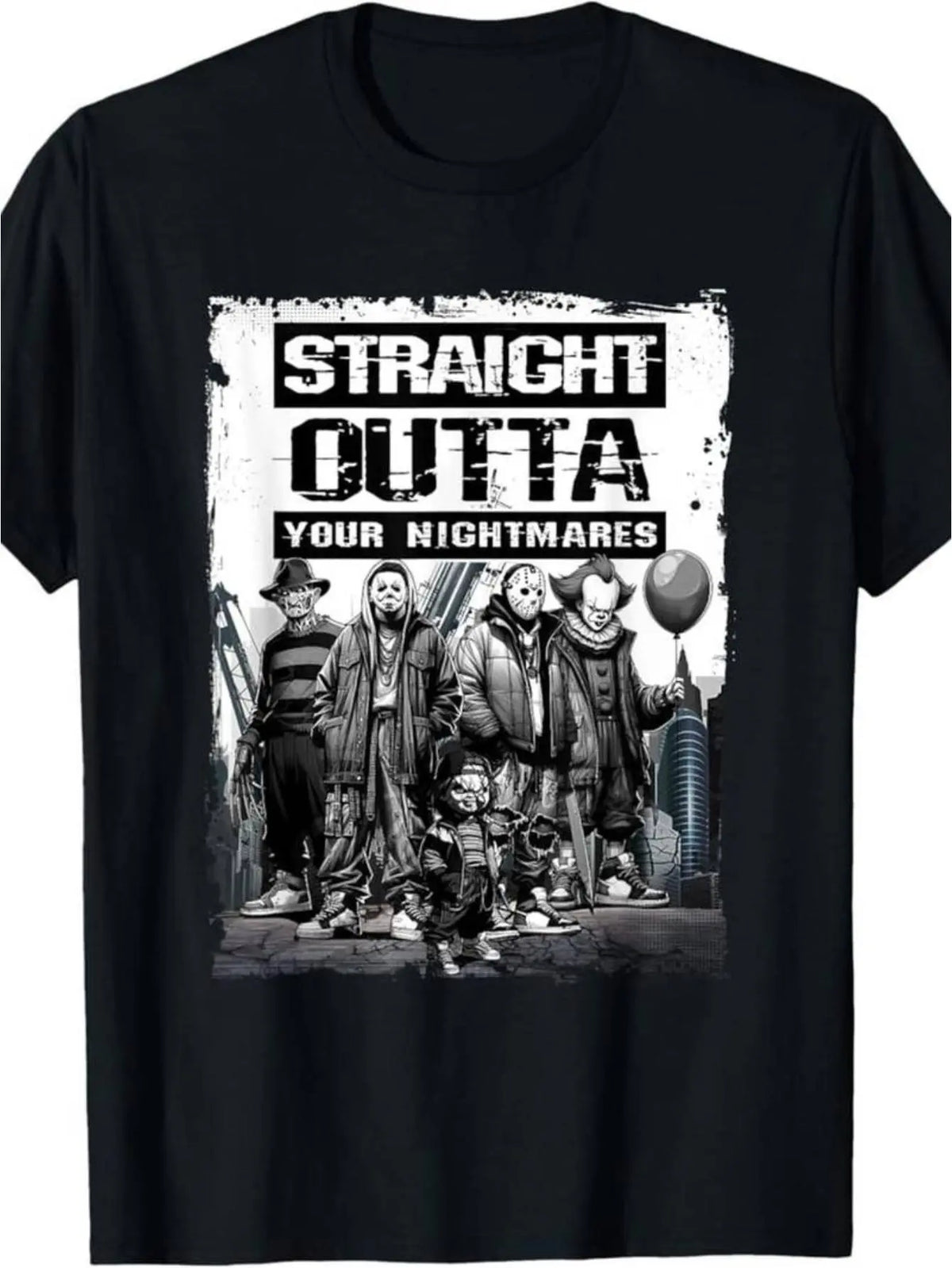 Straight Outta Nightmares" Men's Vintage Horror Halloween T-Shirt - 100% Cotton Casual Round Neck gifts
