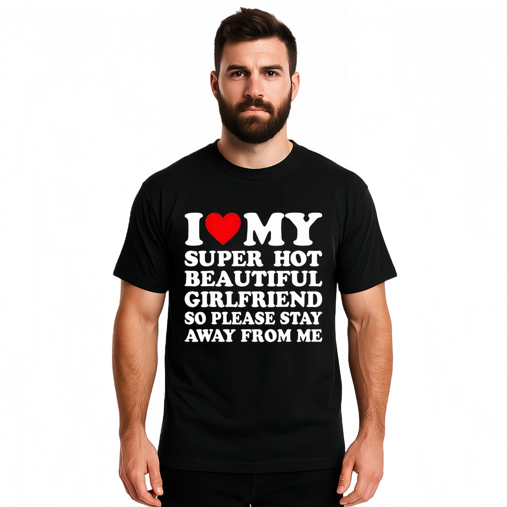 Men's Cotton Round Neck Short-Sleeve Graphic Tee - Casual Soft Men's Wear Top with Classic "I Love My Super Hot Girlfriend" Meme Print, Comfortable Male Clothing, Valentine's Day Mens Gifts for Outdoor Summer Use, Men's T Shirts, Meme Shirts