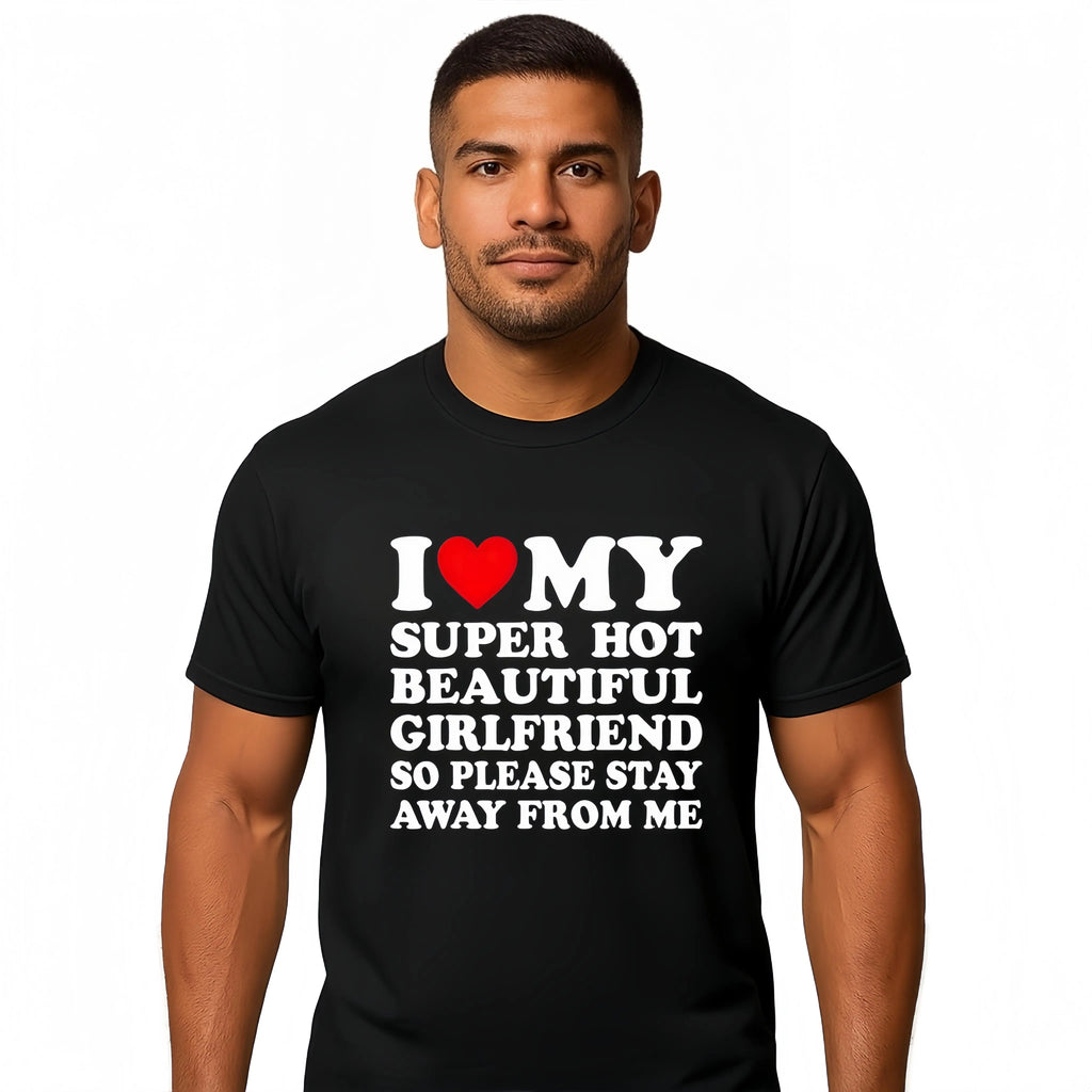 Men's Cotton Round Neck Short-Sleeve Graphic Tee - Casual Soft Men's Wear Top with Classic "I Love My Super Hot Girlfriend" Meme Print, Comfortable Male Clothing, Valentine's Day Mens Gifts for Outdoor Summer Use, Men's T Shirts, Meme Shirts