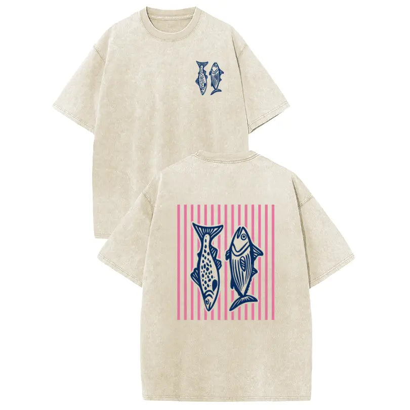 Holafish Pure Cotton Crewneck Acid Washed T-Shirt Retro Acid Wash Pink Striped Dual-Side Fish Graphic Printed Unisex Fashion Tees summervibes Casual Top