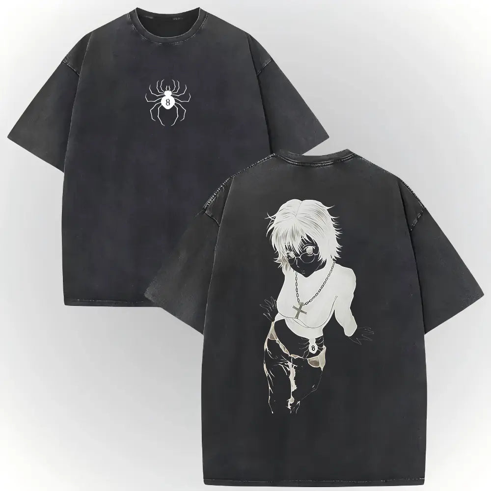 Men's Hunter X Hunter Shizuku Graphic T-Shirt - 100% Heavyweight Cotton, Vintage Washed, Ribbed Elastic Knit, Short-Sleeve, Loose Baggy Fit, Casual Anime Merchandise, Round Neck Graphic Shirt, Size L