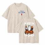 Men's 230gsm Heavyweight Pure Cotton Casual Streetwear Graphic Tee - Vintage Washed Ghost Double-Print Short-Sleeve Round Neck, Unisex Halloween Top, Black Men's Graphic Tees