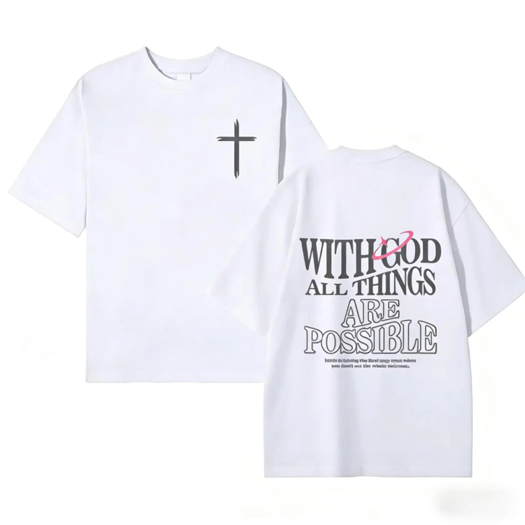 Men's T-shirt 'With God All Things Are Possible' Matthew 26:41 Loose Fit Black with White Lettering Casual Attire High-Quality Fabric for Summer,excellent gifts for Christmas and new year