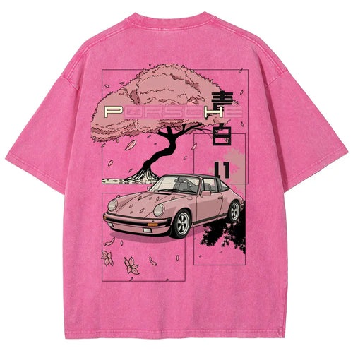 Cherry Blossom Japanese Aesthetic Classic Sports Car Vintage Washed Tee 90s Men's Graphic Tee t Shirts Funny Graphic Tee Good Graphic Tees Graphic Tees Streetwear Outfits Men Vacation Outfits Oversized Tshirt Men
