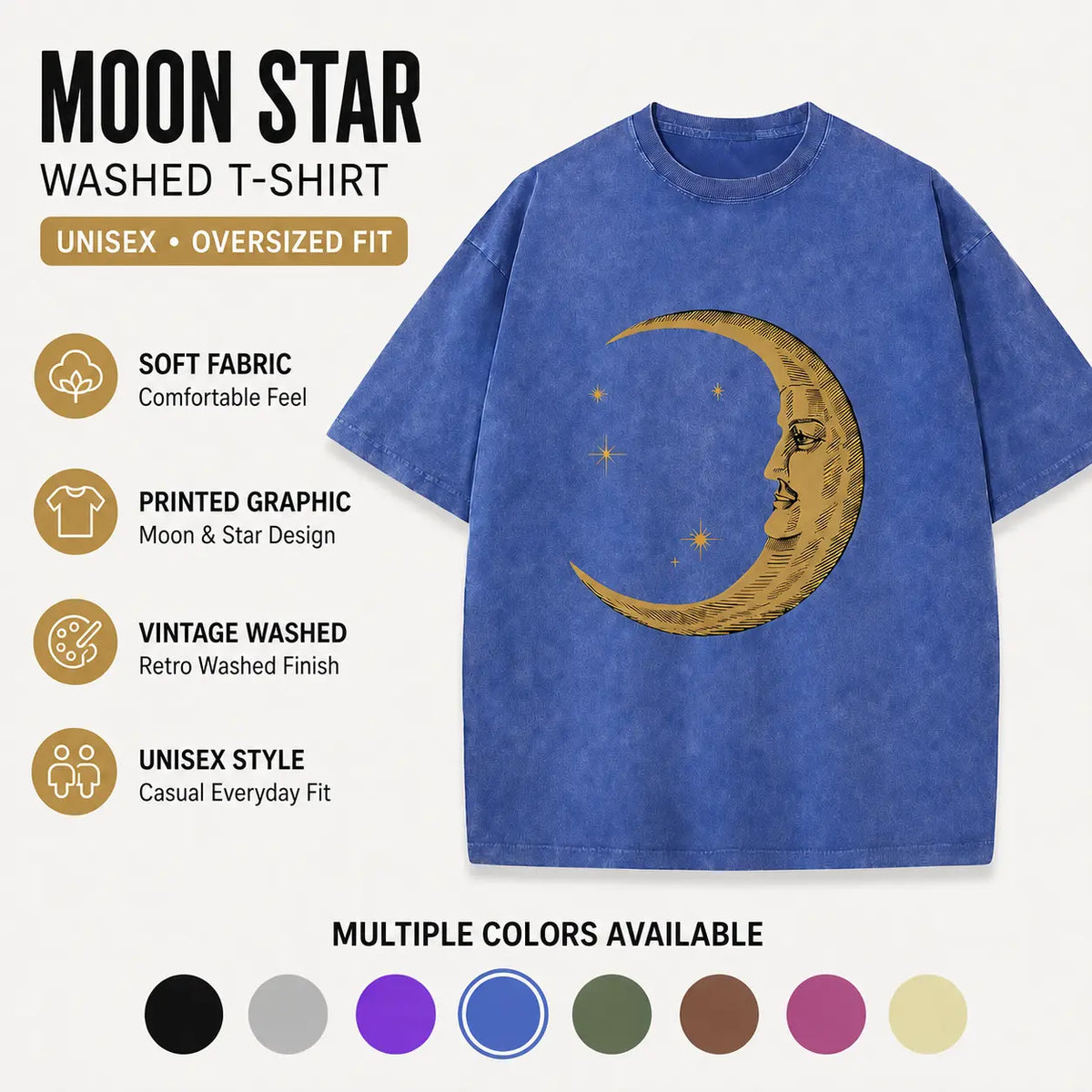 Unisex 230g Vintage Washed Moon & Star Graphic T-Shirt, Oversized Short Sleeve Crew Neck Casual Tee