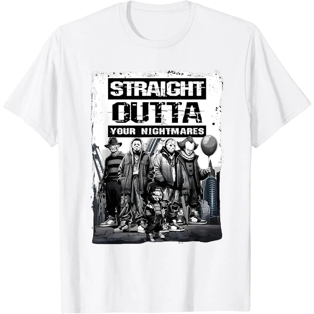 Straight Outta Nightmares" Men's Vintage Horror Halloween T-Shirt - 100% Cotton Casual Round Neck gifts