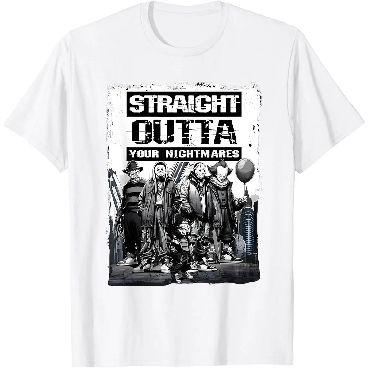 Straight Outta Nightmares" Men's Vintage Horror Halloween T-Shirt - 100% Cotton Casual Round Neck gifts