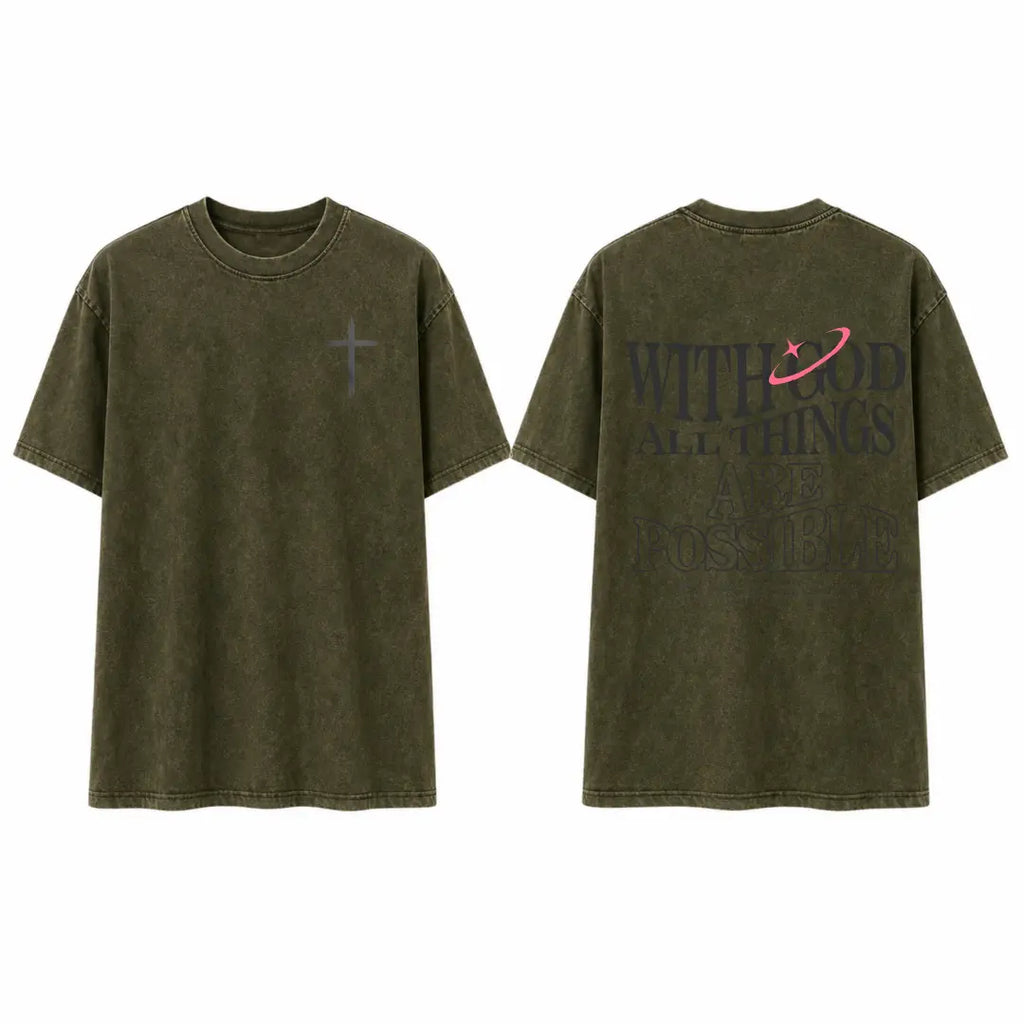 Men's T-shirt 'With God All Things Are Possible' Matthew 26:41 Loose Fit Black with White Lettering Casual Attire High-Quality Fabric for Summer,excellent gifts for Christmas and new year