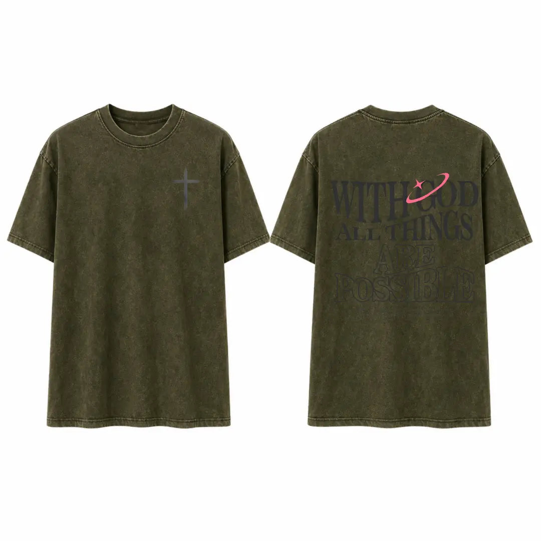 Men's T-shirt 'With God All Things Are Possible' Matthew 26:41 Loose Fit Black with White Lettering Casual Attire High-Quality Fabric for Summer,excellent gifts for Christmas and new year