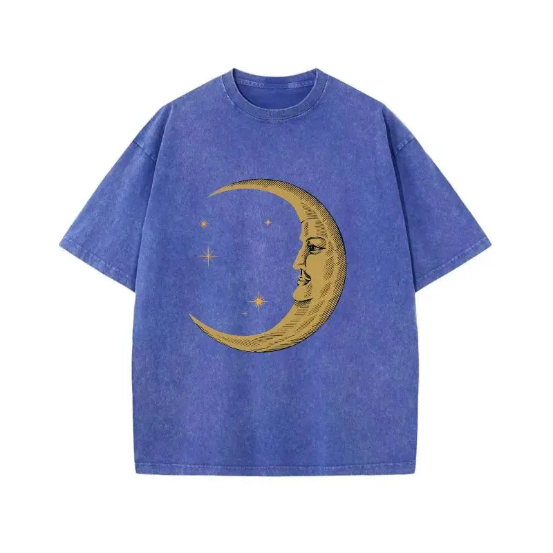 Unisex 230g Vintage Washed Moon & Star Graphic T-Shirt, Oversized Short Sleeve Crew Neck Casual Tee